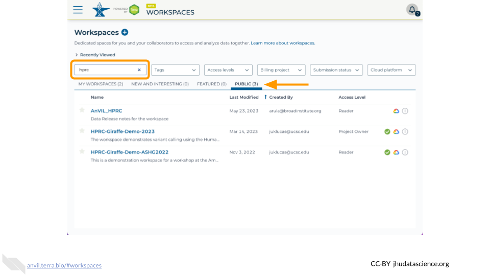 An image of the workspace window showing searching for the hprc workspace