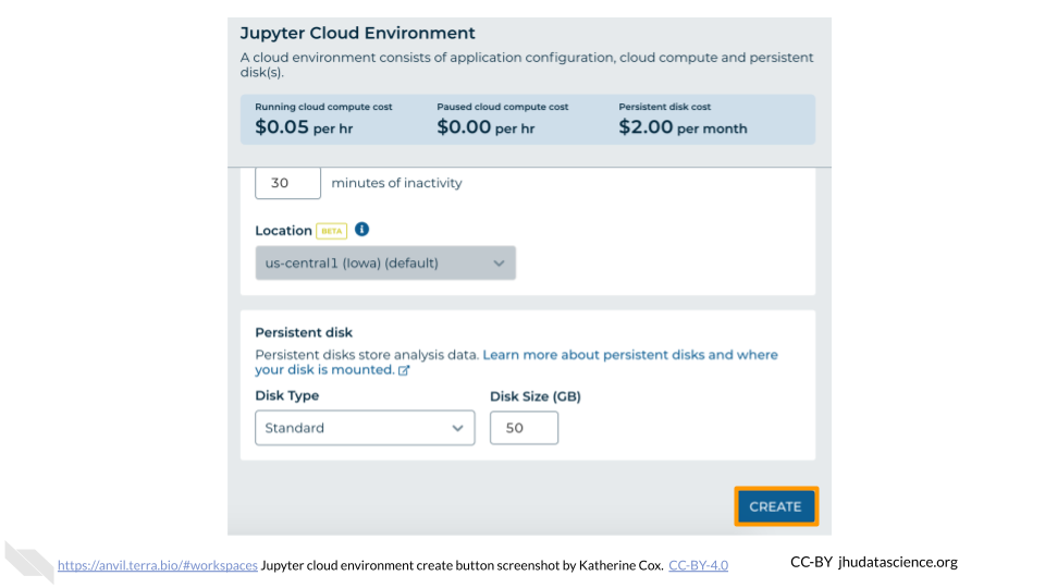 Screenshot of the Jupyter Cloud Environment dialogue box. The 'CREATE' button is highlighted.