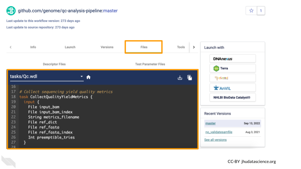 Screenshot of Dockstore page for the qc-analysis-pipeline Workflow.  The Files tab is highlighted and has been selected, and part of a wdl files can be seen.