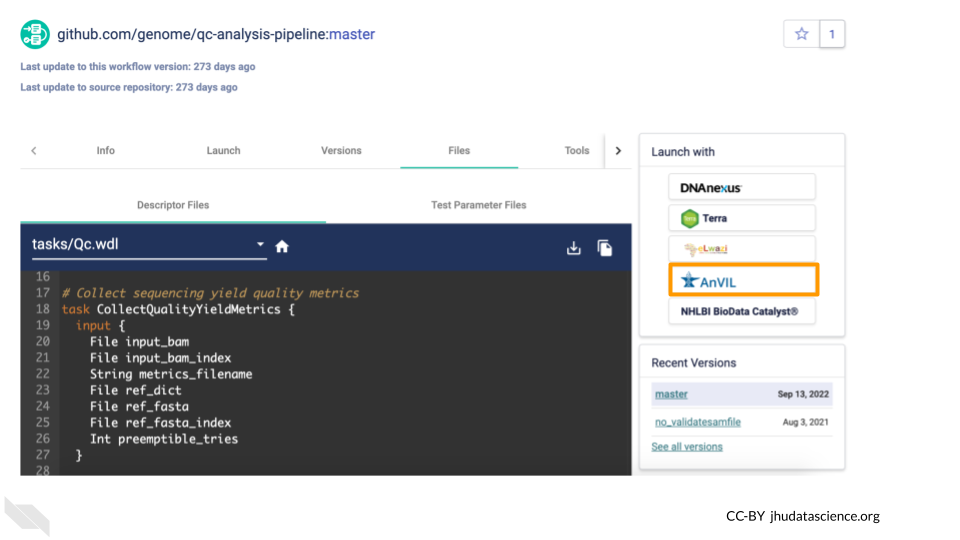 Screenshot of Dockstore page for the qc-analysis-pipeline Workflow.  The Launch button for AnVIL is highlighted.