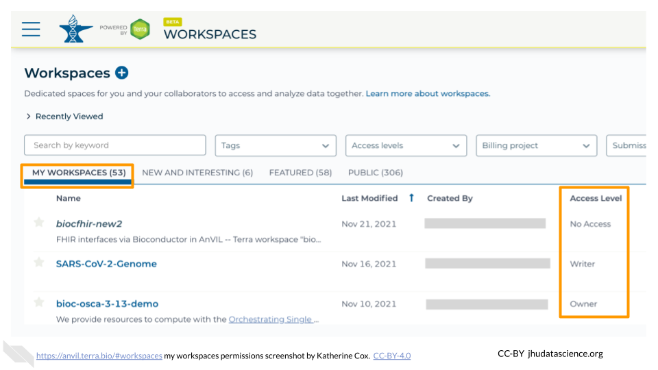 Screenshot of Terra Workspaces page with the 'MY WORKSPACES' tab selected.  The 'MY WORKSPACES' tab and the column showing permission level are highlighted.