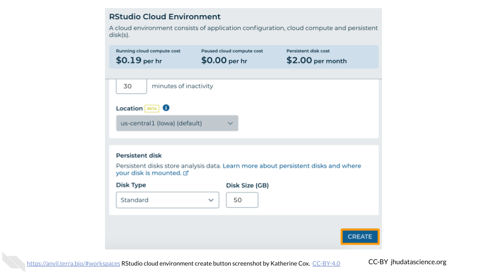 Screenshot of the RStudio Cloud Environment dialogue box. The 'CREATE' button is highlighted.