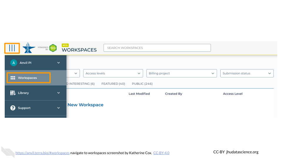 Screenshot of Terra drop-down menu.  The 'hamburger' button to extend the drop-down menu is highlighted, and the menu item 'Workspaces' is highlighted.