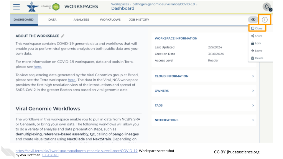 Screenshot of the Dashboard for the Workspace that we want to clone. The teardrop button has been clicked to bring up the options. The 'Clone' option from the list is highlighted.