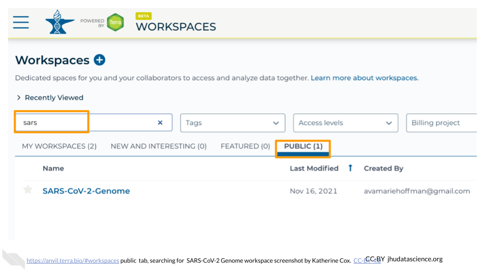 Screenshot of Terra Workspaces page with the 'PUBLIC' tab selected. The 'PUBLIC' tab and search box are highlighted.  The the user has typed in the term 'sars'. A Workspace related to SARS appears in the results.
