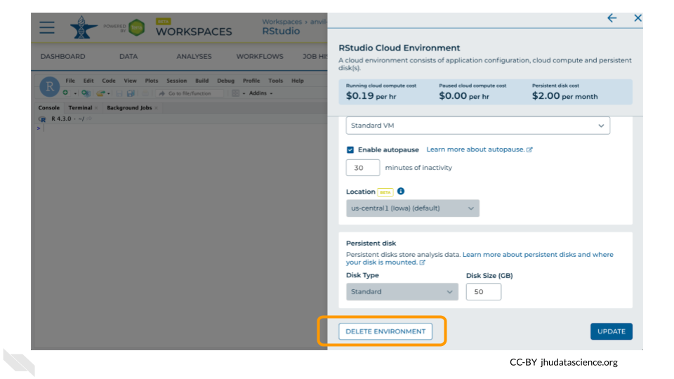 Screenshot of the cloud environment popout. 'Delete environment' is highlighted.