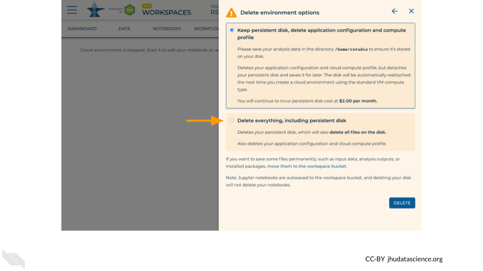 Screenshot of the cloud environment popout. 'Delete everything, including persistent disk' is highlighted.