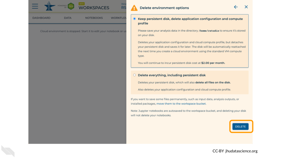 Screenshot of the cloud environment popout. 'Delete' is highlighted.