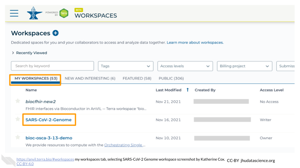 Screenshot of Terra Workspaces page with the 'MY WORKSPACES' tab selected. The 'MY WORKSPACES' tab and a Workspace name are highlighted.