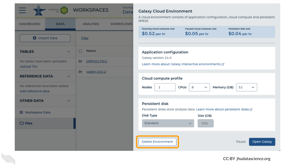 Screenshot of the cloud environment pop out menu. The 'Delete Environment' button is highlighted.